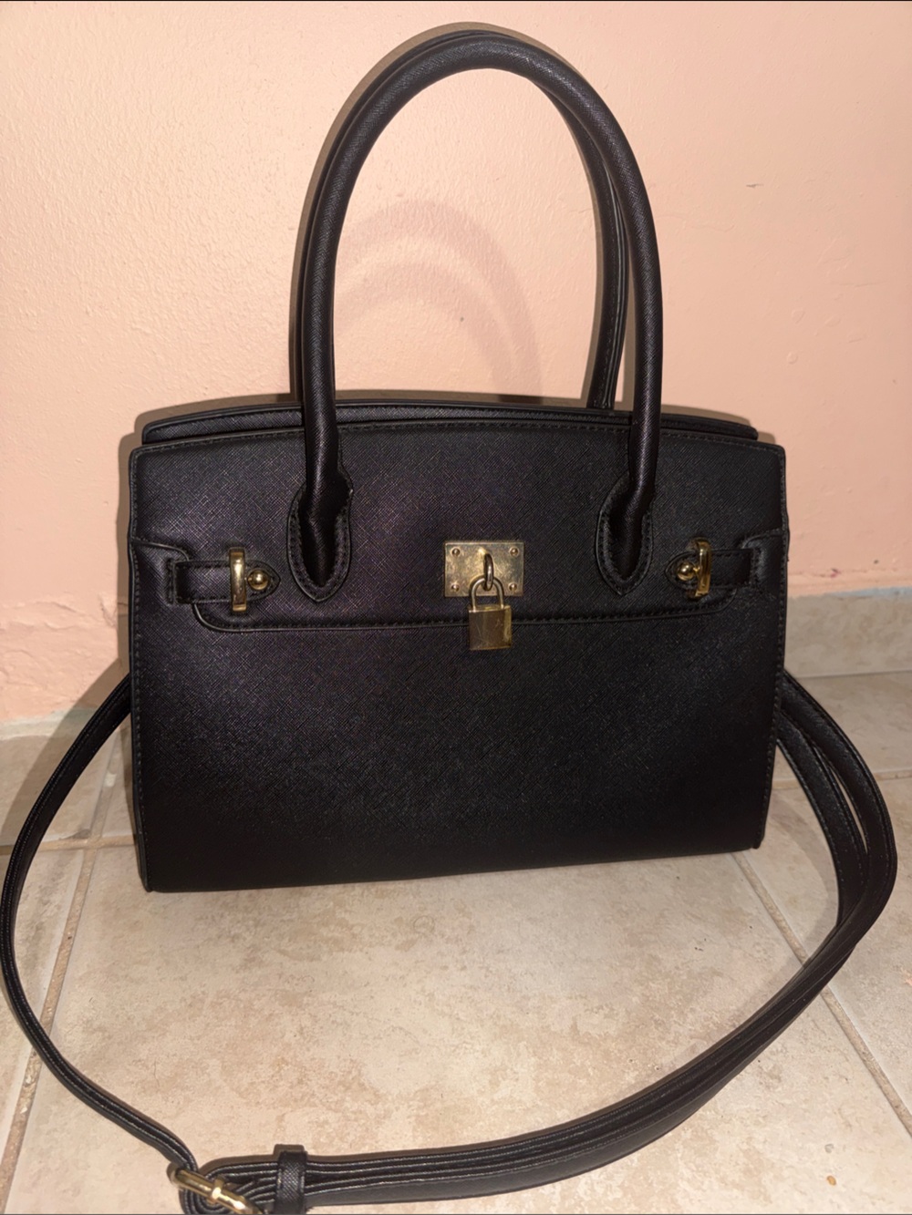 Structured Black Leather Satchel Handbag with Gold Hardware